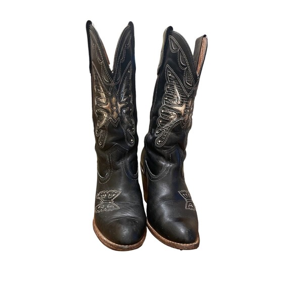 MISS CAPEZIO USA Made Vintage Black Leather Metallic Butterfly Cowboy Boots 8 - Picture 6 of 16